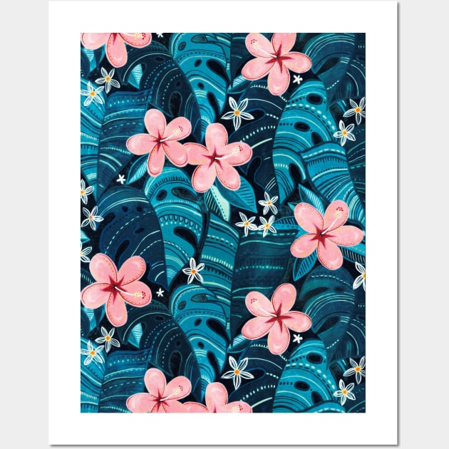 Moody Tropical Pattern in Cyan and Sapphire with Pink Wall Art by micklyn